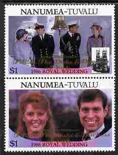 Tuvalu - Nanumea 1986 Royal Wedding (Andrew & Fergie) $1 with Congratulations opt in gold se-tenant pair unmounted mint from Printers uncut proof sheet, stamps on royalty, stamps on andrew, stamps on fergie, stamps on 