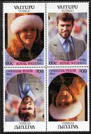 Tuvalu - Vaitupu 1986 Royal Wedding (Andrew & Fergie) 60c with Congratulations opt in gold in unissued perf tete-beche block of 4 (2 se-tenant pairs) unmounted mint from ..., stamps on royalty, stamps on andrew, stamps on fergie, stamps on 