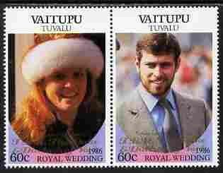 Tuvalu - Vaitupu 1986 Royal Wedding (Andrew & Fergie) 60c with 'Congratulations' opt in gold se-tenant pair unmounted mint from Printer's uncut proof sheet, stamps on royalty, stamps on andrew, stamps on fergie, stamps on 
