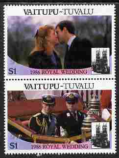 Tuvalu - Vaitupu 1986 Royal Wedding (Andrew & Fergie) $1 with Congratulations opt in gold se-tenant pair unmounted mint from Printers uncut proof sheet, stamps on royalty, stamps on andrew, stamps on fergie, stamps on 