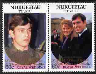 Tuvalu - Nukufetau 1986 Royal Wedding (Andrew & Fergie) 60c with 'Congratulations' opt in gold se-tenant pair unmounted mint from Printer's uncut proof sheet, stamps on royalty, stamps on andrew, stamps on fergie, stamps on 