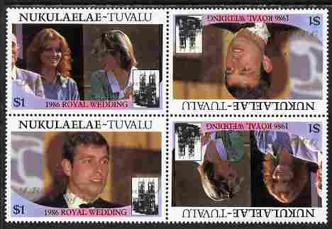 Tuvalu - Nukulaelae 1986 Royal Wedding (Andrew & Fergie) $1 with 'Congratulations' opt in gold in unissued perf tete-beche block of 4 (2 se-tenant pairs) unmounted mint from Printer's uncut proof sheet, stamps on , stamps on  stamps on royalty, stamps on  stamps on andrew, stamps on  stamps on fergie, stamps on  stamps on 