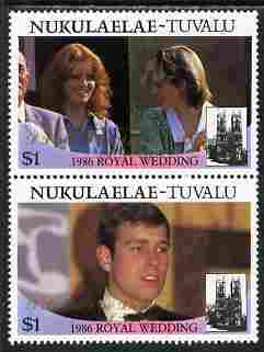 Tuvalu - Nukulaelae 1986 Royal Wedding (Andrew & Fergie) $1 with 'Congratulations' opt in gold se-tenant pair unmounted mint from Printer's uncut proof sheet, stamps on royalty, stamps on andrew, stamps on fergie, stamps on 