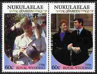 Tuvalu - Nukulaelae 1986 Royal Wedding (Andrew & Fergie) 60c with 'Congratulations' opt in gold se-tenant pair with overprint inverted unmounted mint from Printer's uncut proof sheet, stamps on royalty, stamps on andrew, stamps on fergie, stamps on 