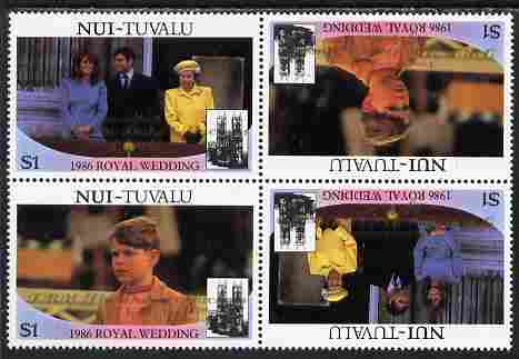Tuvalu - Nui 1986 Royal Wedding (Andrew & Fergie) $1 with 'Congratulations' opt in gold in unissued perf tete-beche block of 4 (2 se-tenant pairs) unmounted mint from Printer's uncut proof sheet, stamps on royalty, stamps on andrew, stamps on fergie, stamps on 