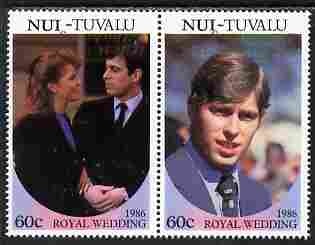 Tuvalu - Nui 1986 Royal Wedding (Andrew & Fergie) 60c with 'Congratulations' opt in gold se-tenant pair with overprint inverted unmounted mint from Printer's uncut proof sheet, stamps on royalty, stamps on andrew, stamps on fergie, stamps on 