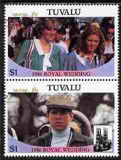 Tuvalu 1986 Royal Wedding (Andrew & Fergie) $1 with 'Congratulations' opt in gold se-tenant pair with overprint inverted and misplaced unmounted mint from Printer's uncut proof sheet, stamps on royalty, stamps on andrew, stamps on fergie, stamps on 