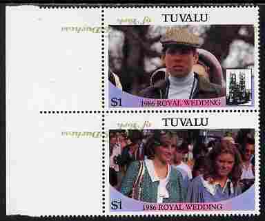 Tuvalu 1986 Royal Wedding (Andrew & Fergie) $1 with 'Congratulations' opt in gold se-tenant marginal pair with overprint inverted and misplaced unmounted mint from Printer's uncut proof sheet, stamps on royalty, stamps on andrew, stamps on fergie, stamps on 