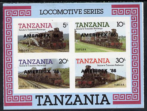 Tanzania 1986 Railways imperf m/sheet (as SG MS 434) overprinted 'AMERIPEX '86' in black, unmounted mint, stamps on postal, stamps on railways, stamps on stamp exhibitions