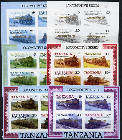 Tanzania 1986 Locomotives m/sheet (as SG MS 434) unmounted mint imperf set of 6 progressive colour proofs each with 'AMERIPEX 86' opt in gold, stamps on postal, stamps on railways, stamps on stamp exhibitions