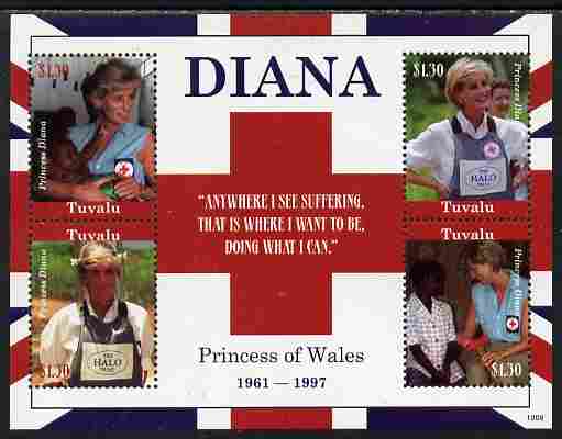 Tuvalu 2010 Princess Diana perf sheetlet containing 4 values unmounted mint, stamps on personalities, stamps on diana, stamps on royalty, stamps on women