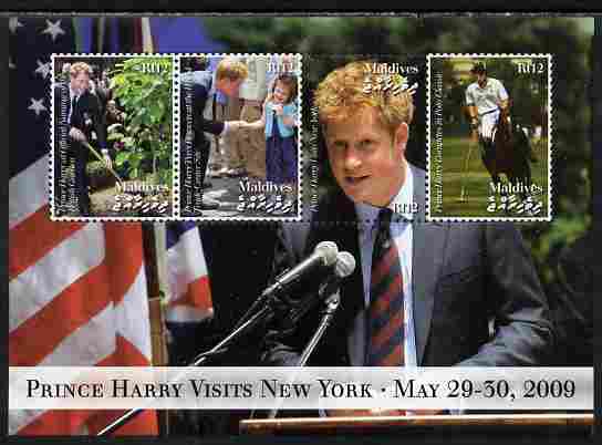 Maldive Islands 2009 Prince Harry Visits New York perf sheetlet containing 4 values unmounted mint. Note this item is privately produced and is offered purely on its thematic appeal, stamps on , stamps on  stamps on personalities, stamps on  stamps on harry, stamps on  stamps on royalty, stamps on  stamps on polo, stamps on  stamps on flags