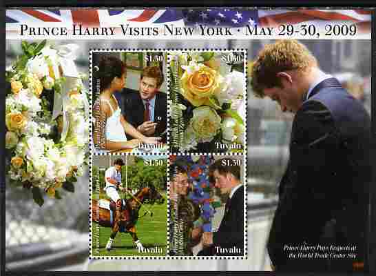 Tuvalu 2009 Prince Harry Visits New York perf sheetlet containing 4 values unmounted mint, stamps on personalities, stamps on harry, stamps on royalty, stamps on polo, stamps on flags, stamps on flowers