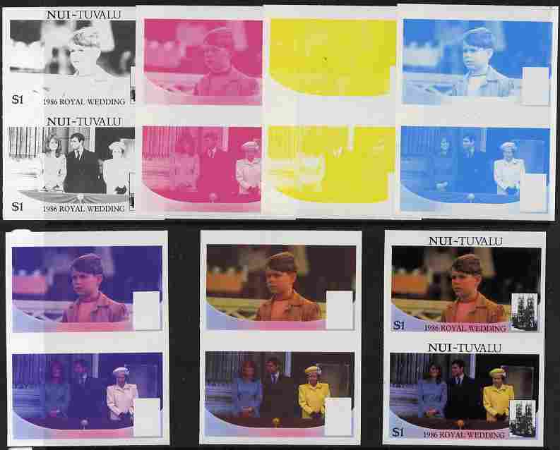Tuvalu - Nui 1986 Royal Wedding (Andrew & Fergie) $1 set of 7 imperf progressive proofs comprising the 4 individual colours plus 2, 3 and all 4 colour composites unmounted mint (7 se-tenant proof pairs), stamps on royalty, stamps on andrew, stamps on fergie, stamps on 