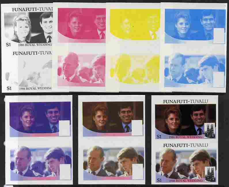 Tuvalu - Funafuti 1986 Royal Wedding (Andrew & Fergie) $1 set of 7 imperf progressive proofs comprising the 4 individual colours plus 2, 3 and all 4 colour composites unmounted mint (7 se-tenant proof pairs), stamps on royalty, stamps on andrew, stamps on fergie, stamps on 