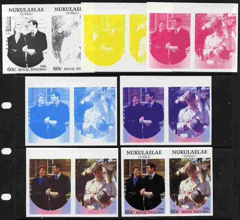 Tuvalu - Nukulaelae 1986 Royal Wedding (Andrew & Fergie) 60c set of 7 imperf progressive proofs comprising the 4 individual colours plus 2, 3 and all 4 colour composites unmounted mint (7 se-tenant proof pairs), stamps on , stamps on  stamps on royalty, stamps on  stamps on andrew, stamps on  stamps on fergie, stamps on  stamps on 