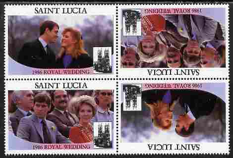 St Lucia 1986 Royal Wedding (Andrew & Fergie) $2 perforated tete-beche se-tenant block of 4 with face value omitted unmounted mint , stamps on royalty, stamps on andrew, stamps on fergie, stamps on 
