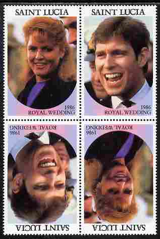 St Lucia 1986 Royal Wedding (Andrew & Fergie) 80c perforated tete-beche se-tenant block of 4 with face value omitted unmounted mint , stamps on royalty, stamps on andrew, stamps on fergie, stamps on 