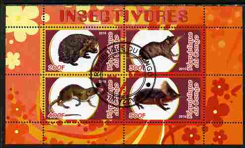 Congo 2010 Insectivores perf sheetlet containing 4 values fine cto used, stamps on animals, stamps on insects