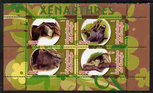 Congo 2010 Xenarthra perf sheetlet containing 4 values unmounted mint, stamps on , stamps on  stamps on animals, stamps on  stamps on mammals, stamps on  stamps on sloths, stamps on  stamps on 