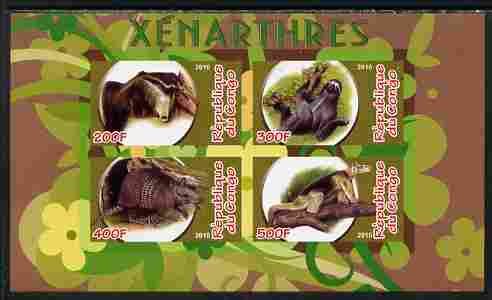 Congo 2010 Xenarthra imperf sheetlet containing 4 values unmounted mint, stamps on animals, stamps on mammals, stamps on sloths, stamps on 