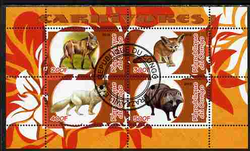 Congo 2010 Carnivores #1 perf sheetlet containing 4 values fine cto used, stamps on animals, stamps on 