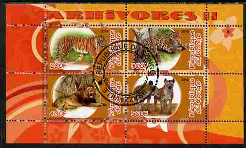 Congo 2010 Carnivores #2 perf sheetlet containing 4 values fine cto used, stamps on animals, stamps on cats