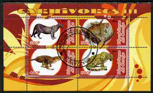 Congo 2010 Carnivores #3 perf sheetlet containing 4 values fine cto used, stamps on animals, stamps on cats