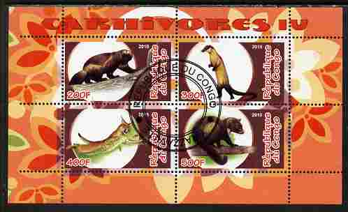 Congo 2010 Carnivores #4 perf sheetlet containing 4 values fine cto used, stamps on animals, stamps on 