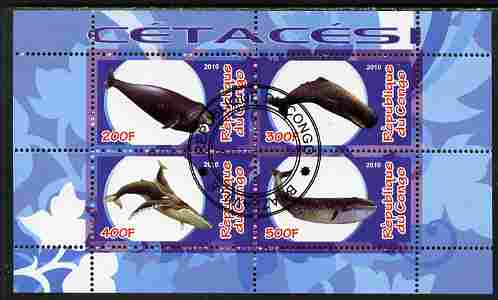 Congo 2010 Cedacea (Whales & Dolphins) #1 perf sheetlet containing 4 values fine cto used, stamps on , stamps on  stamps on animals, stamps on  stamps on marine life, stamps on  stamps on whales, stamps on  stamps on dolphins