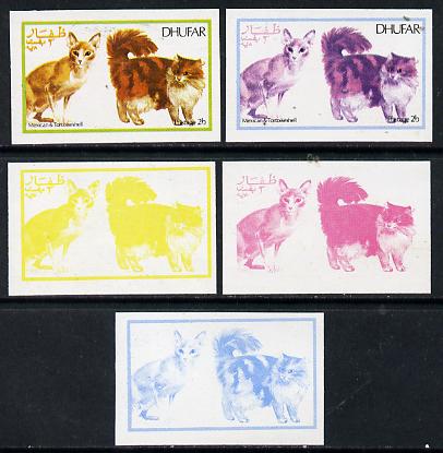 Dhufar 1974 Cats 2b (Mexican & Tortoiseshell) set of 5 imperf progressive colour proofs comprising 3 individual colours (red, blue & yellow) plus 3 and all 4-colour compo..., stamps on animals    cats