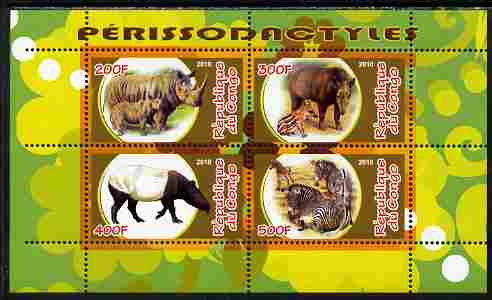 Congo 2010 Perissodactyls (Hoofed Mammals) perf sheetlet containing 4 values unmounted mint, stamps on animals, stamps on mammals, stamps on rhinos, stamps on zebra