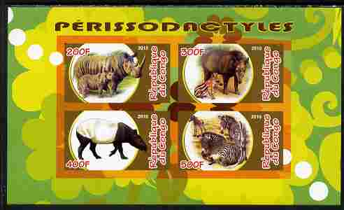 Congo 2010 Perissodactyls (Hoofed Mammals) imperf sheetlet containing 4 values unmounted mint, stamps on , stamps on  stamps on animals, stamps on  stamps on mammals, stamps on  stamps on rhinos, stamps on  stamps on zebra
