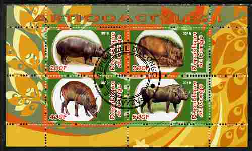 Congo 2010 Artiodactyla (Even toed Mammals) #1 perf sheetlet containing 4 values fine cto used, stamps on animals, stamps on mammals, stamps on hippos