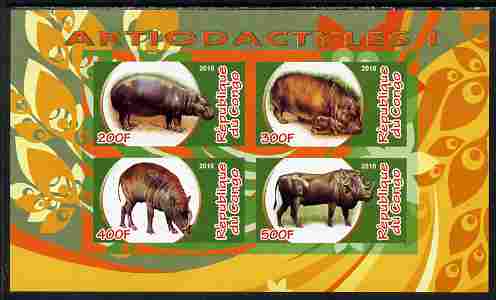 Congo 2010 Artiodactyla (Even toed Mammals) #1 imperf sheetlet containing 4 values unmounted mint, stamps on animals, stamps on mammals, stamps on hippos