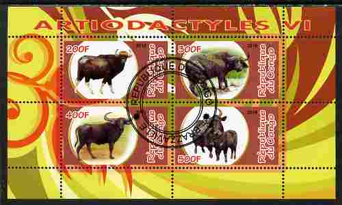 Congo 2010 Artiodactyla (Even toed Mammals) #6 perf sheetlet containing 4 values fine cto used, stamps on animals, stamps on mammals, stamps on buffalo, stamps on bovine