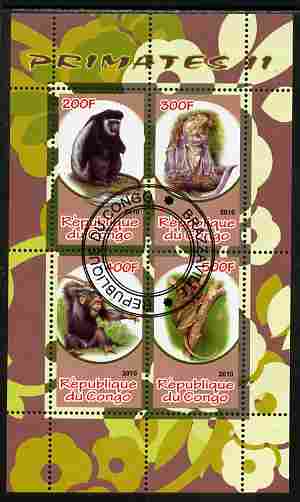 Congo 2010 Primates #2 perf sheetlet containing 4 values fine cto used, stamps on animals, stamps on mammals, stamps on apes, stamps on primates