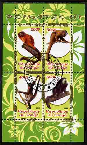 Congo 2010 Primates #3 perf sheetlet containing 4 values fine cto used, stamps on animals, stamps on mammals, stamps on apes, stamps on primates