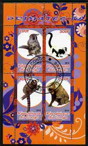 Congo 2010 Primates #4 perf sheetlet containing 4 values fine cto used, stamps on animals, stamps on mammals, stamps on apes, stamps on primates