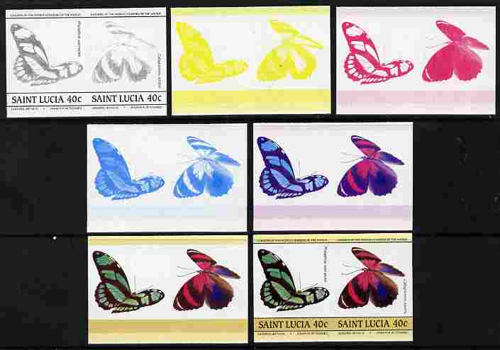 St Lucia 1985 Butterflies (Leaders of the World) 40c se-tenant pair - the set of 7 imperf progressive proofs comprising the 4 individual colours plus 2, 3 and all 4-colour composite, unmounted mint as SG 783a, stamps on butterflies