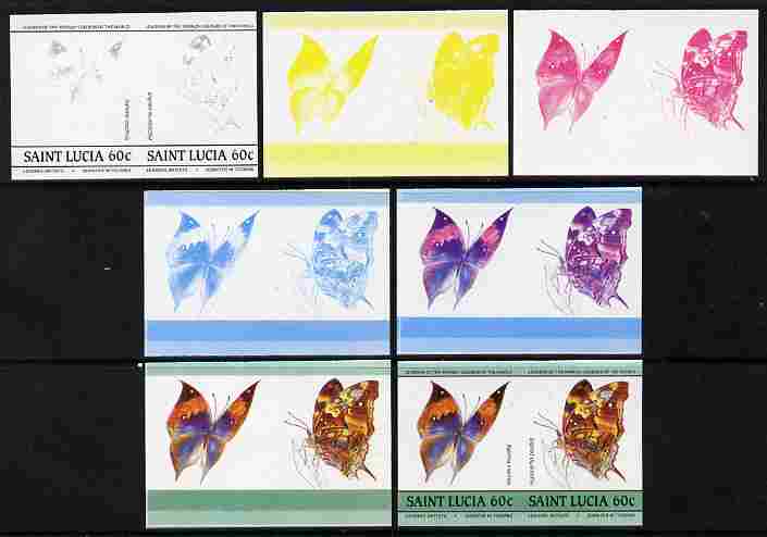 St Lucia 1985 Butterflies (Leaders of the World) 60c se-tenant pair - the set of 7 imperf progressive proofs comprising the 4 individual colours plus 2, 3 and all 4-colour composite, unmounted mint as SG 785a, stamps on butterflies