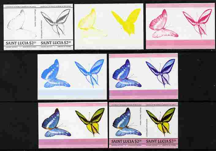 St Lucia 1985 Butterflies (Leaders of the World) $2.25 se-tenant pair - the set of 7 imperf progressive proofs comprising the 4 individual colours plus 2, 3 and all 4-colour composite, unmounted mint as SG 787a, stamps on butterflies
