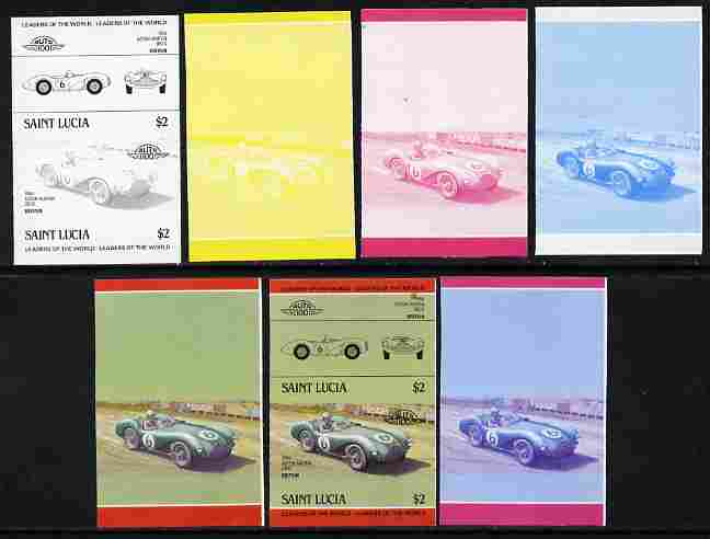 St Lucia 1984 Cars #2 (Leaders of the World) $2 Aston Martin DB3S (1954) se-tenant pair - the set of 7 imperf progressive proofs comprising the 4 individual colours plus 2, 3 and all 4-colour composite, unmounted mint as SG 757a, stamps on cars, stamps on aston martin