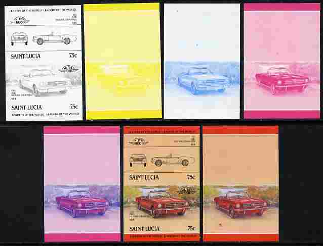 St Lucia 1984 Cars #2 (Leaders of the World) 75c Ford Mustang (1965) se-tenant pair - the set of 7 imperf progressive proofs comprising the 4 individual colours plus 2, 3..., stamps on cars, stamps on ford