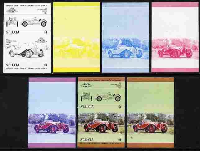 St Lucia 1984 Cars #1 (Leaders of the World) $1 Alfa Romeo (1930) se-tenant pair - the set of 7 imperf progressive proofs comprising the 4 individual colours plus 2, 3 and all 4-colour composite, unmounted mint as SG 707a, stamps on cars, stamps on alfa romeo