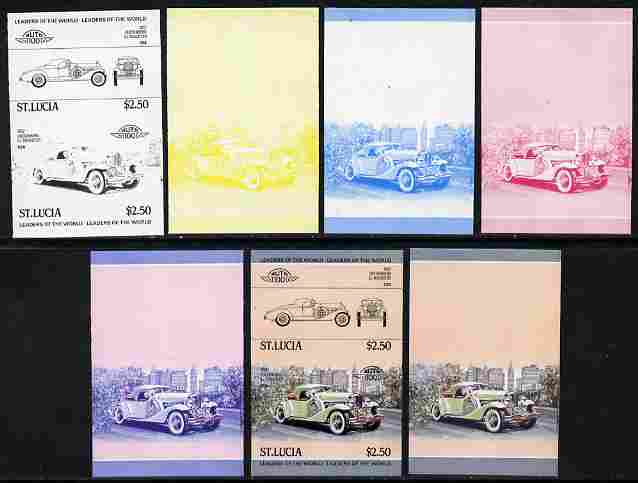 St Lucia 1984 Cars #1 (Leaders of the World) $2.50 Duesenberg 1932 SJ Roadster se-tenant pair - the set of 7 imperf progressive proofs comprising the 4 individual colours..., stamps on cars, stamps on duesenburg