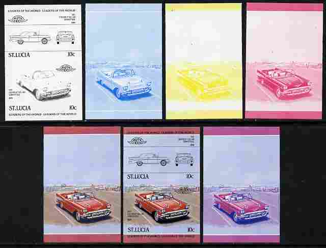 St Lucia 1984 Cars #1 (Leaders of the World) 10c Chevrolet Bel Air 1957 se-tenant pair - the set of 7 imperf progressive proofs comprising the 4 individual colours plus 2, 3 and all 4-colour composite, unmounted mint as SG 705a, stamps on cars, stamps on chevrolet
