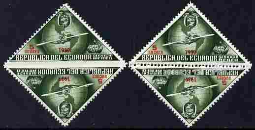 Ecuador 1939 the unissued triangular Columbus 5 sucres values optd 1939, pair imperf between due to blind perfs with only the slightest indentation, unmounted but slight ..., stamps on aviation, stamps on columbus, stamps on explorers, stamps on personalities, stamps on triangulars