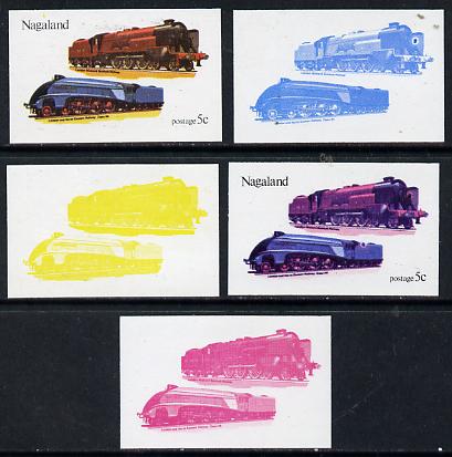 Nagaland 1974 Locomotives 5c (LMS & LNER) set of 5 imperf progressive colour proofs comprising 3 individual colours (red, blue & yellow) plus 3 and all 4-colour composites unmounted mint, stamps on railways