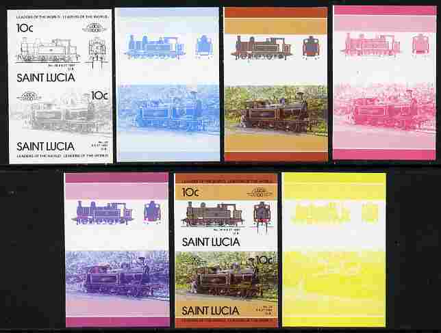 St Lucia 1985 Locomotives #4 (Leaders of the World) 10c '0-6-2 Tank' se-tenant pair - the set of 7 imperf progressive proofs comprising the 4 individual colours plus 2, 3 and all 4-colour composite, unmounted mint as SG 824a, stamps on railways